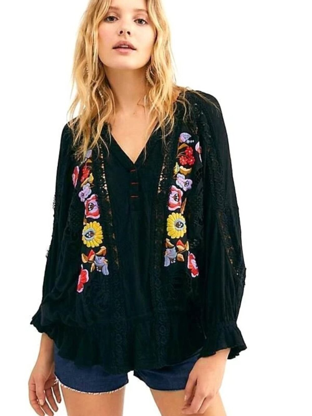 Free People Serafina Embroidered Crochet Top Size Medium